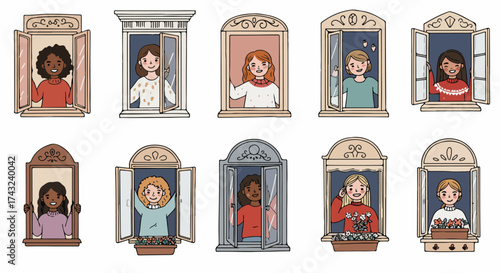People looking out windows in various styles