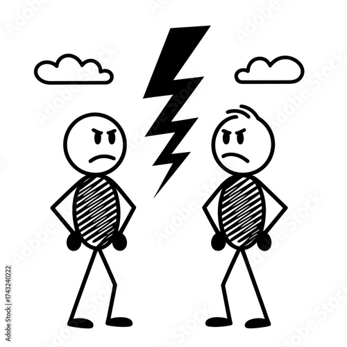 Two angry stick figures facing each other with a lightning bolt between them, symbolizing conflict and disagreement in simple doodle style