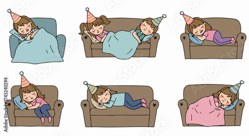 Girl sleeping on sofas with party hats