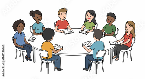 Group of students studying together at a round table