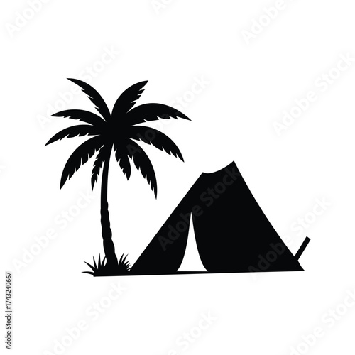 Simple graphic black silhouette of camping tent near palm tree on beach, camping tent near palm tree silhouette vector illustration
