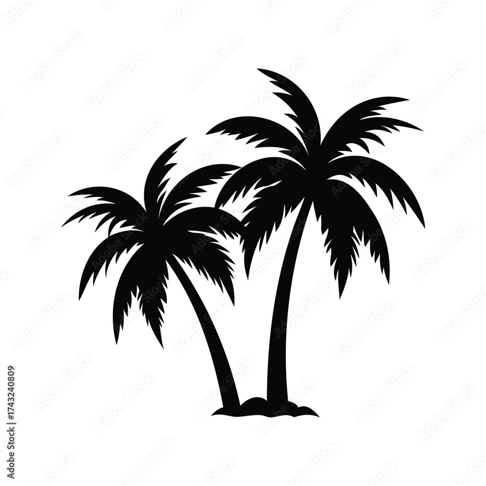 Obraz premium Black and White Illustration of Two Palm Trees, Tropical Vacation Vibes, palm tree silhouette vector illustration