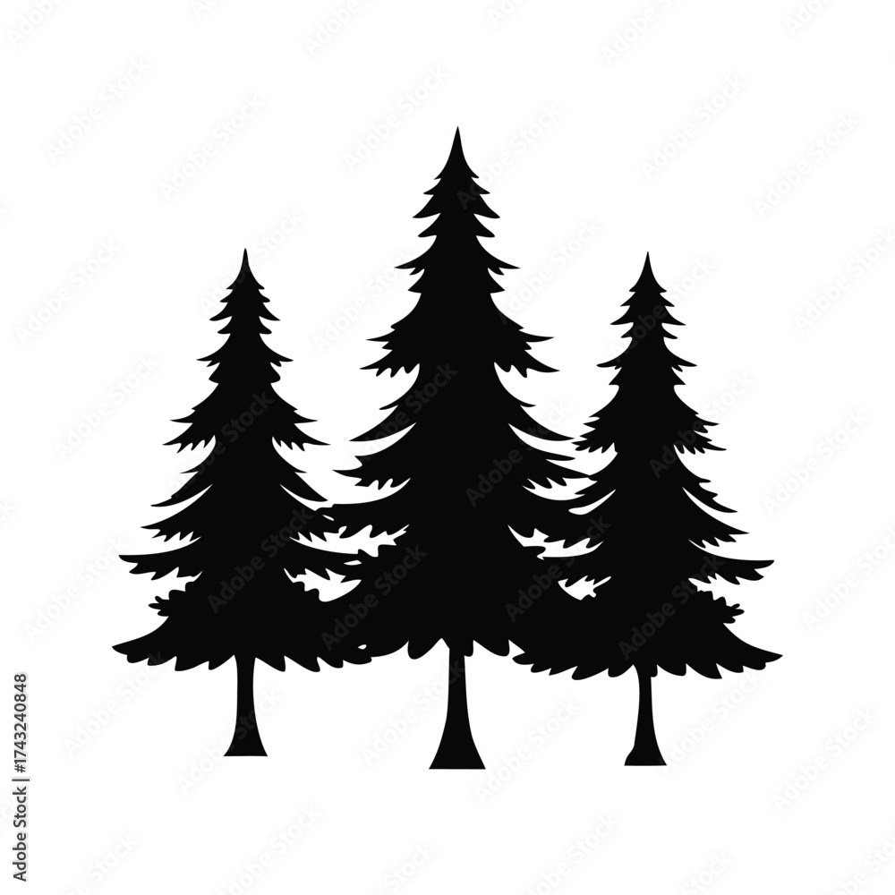 Fototapeta premium Three coniferous trees in silhouette against white background creates a wintery scene, pine tree silhouette vector illustration