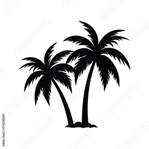 Black and White Illustration of Two Palm Trees, Tropical Vacation Vibes, palm tree silhouette vector illustration