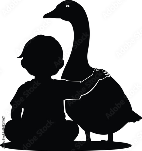Silhouetted boy cherishing a goose friendship gentle bond between child and farm animal unity companionship