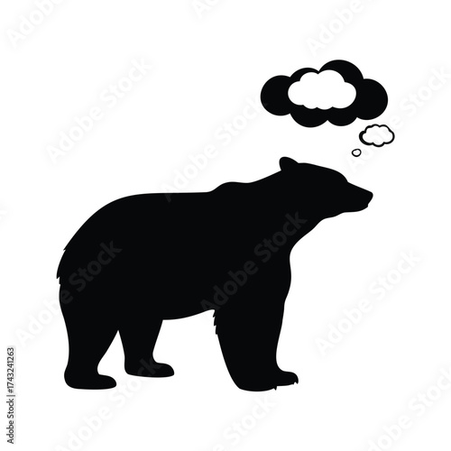 Silhouette of a thoughtful bear pondering the nature of clouds above its head, bear looking at sky silhouette vector illustration