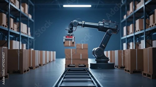 Robotic Arm Stacking Boxes on Conveyor Belt in Automated Warehouse with Blue Tones Industrial Automation Conveyor System Robotics Technology Fulfillment Shipping Logistics