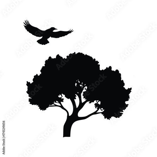 Black silhouette of a tree with a flying bird above it, bird flying around tree silhouette vector illustration