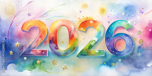 Happy New Year 2026 card in watercolor style