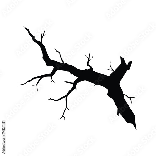 Silhouette of a decaying tree branch with sharp protruding twigs on white, broken branch silhouette vector illustration