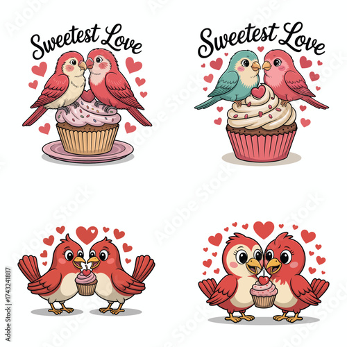 Birds sharing cupcakes hearts love romance