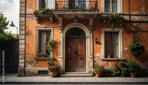 Ornate Italian building facade with wooden door