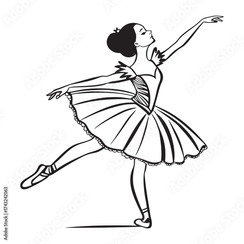 Elegant ballerina in a classical tutu performing a graceful ballet pose with outstretched arms and pointed toe