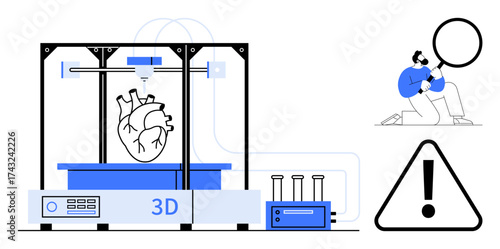 3D printer crafting complex heart model. Scientist examines findings with magnifier. Safety warning sign present. Ideal for innovation, science, research, technology, healthcare, education simple