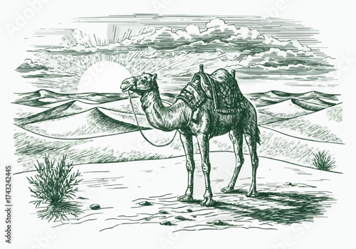 Camel and desert porcelain design in dark green