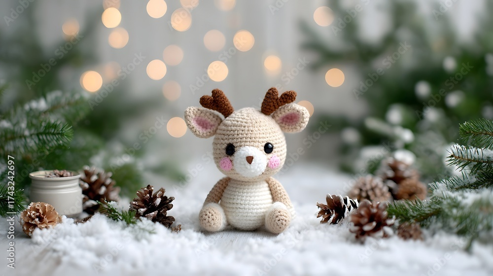 Obraz premium Cute crochet deer in snowy Christmas decor