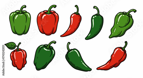 Red and green peppers and chili peppers with transparent background