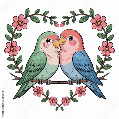 Two lovebirds framed by pink flowers green leaves branches