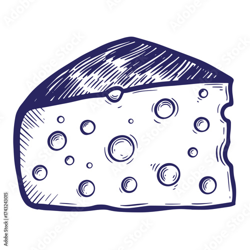 Hand drawn vintage cheese wedge illustration with large holes and a charming style for food concepts