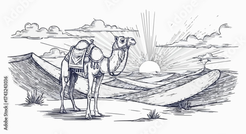 Camel and desert porcelain design in dark blue