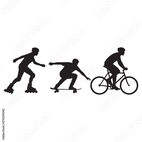 Silhouettes of a person rollerblading skateboarding and riding a bicycle in a line
