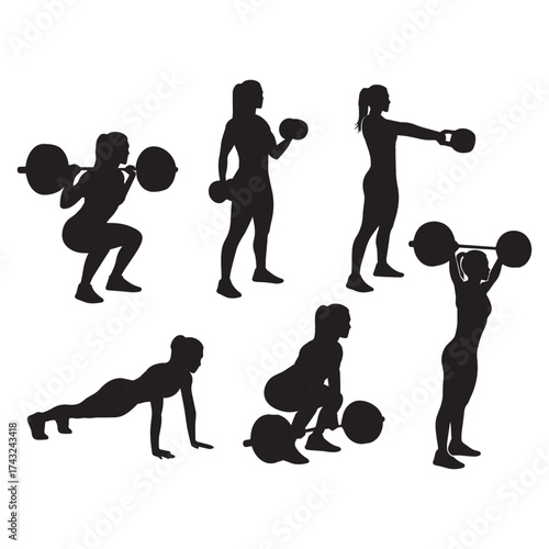 Silhouette of a woman performing various weightlifting exercises with dumbbells and barbells