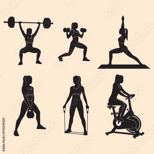 Collection of silhouettes of women engaged in various fitness activities and exercises