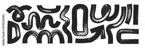 Set of abstract rough shapes with organic texture of brush, marker or crayon. Creative design elements in hand drawn style. Black vector illustration isolated on a white background.