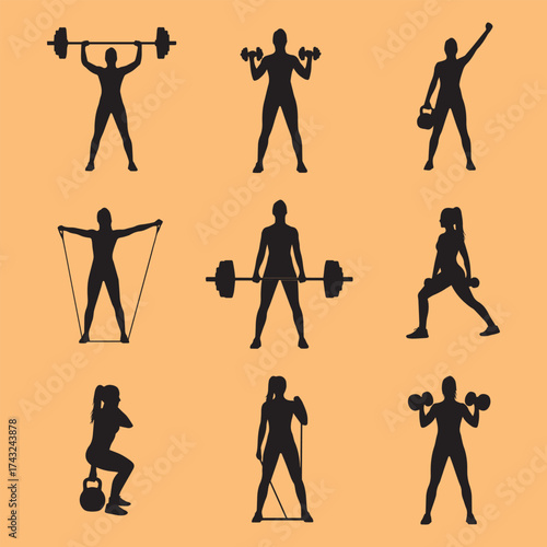 Collection of silhouettes of people performing various strength training exercises with weights and equipment