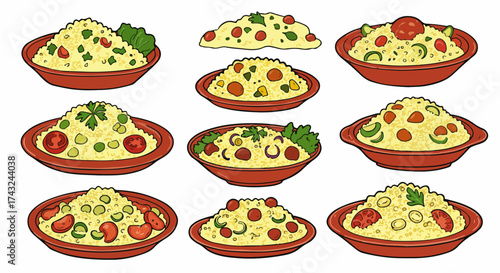 Colorful bowls of rice salad with vegetables