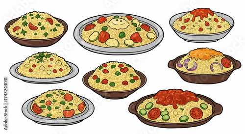 Various plates of rice dishes with toppings