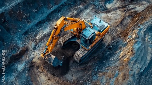 Aerial View of Heavy Excavator Working on Construction Site and Earthmoving Equipment in Action