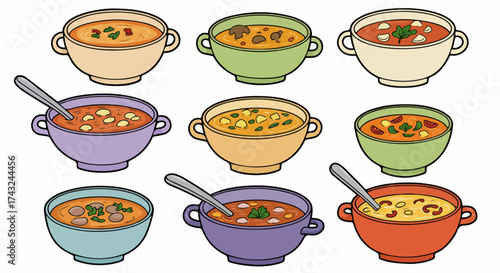 Nine bowls of colorful soup with spoons