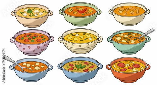 Various bowls of soup with different ingredients