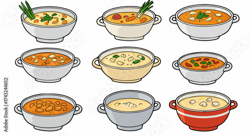 Various bowls of soup collection with transparent background