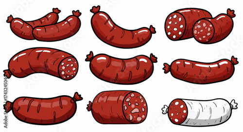 Sausage slices and whole sausages with transparent background
