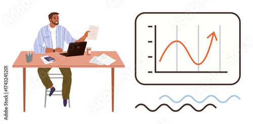 Man sitting at desk examining document with laptop, charts, and papers. Ideal for business growth, data analysis, office work, planning, productivity, strategy simple flat metaphor