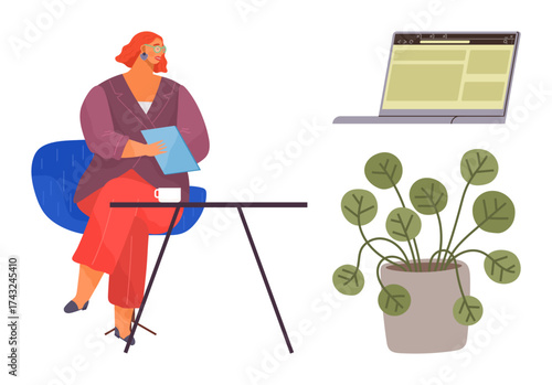 Professional woman holding tablet near table with coffee mug, laptop, plant, and modern chair. Ideal for remote work, home office, productivity, balance, focus creativity simple flat metaphor