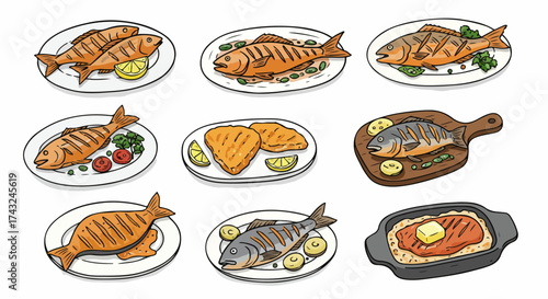 Various cooked fish dishes on plates