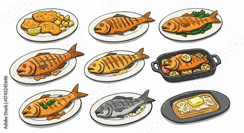 Various cooked fish dishes on plates