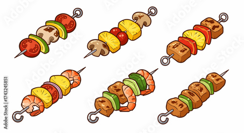 Grilled skewers with meat, vegetables, and fruit