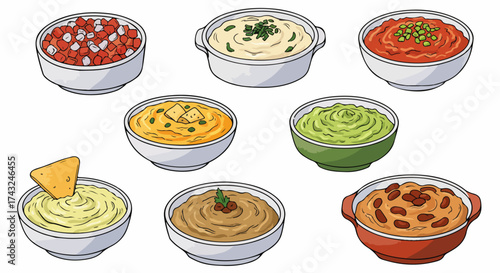 Assorted dips and spreads in bowls