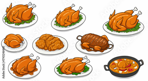 Various roasted chicken dishes on plates