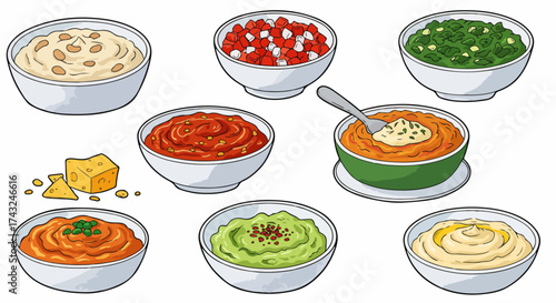 Assorted dips and spreads in bowls for party snacks