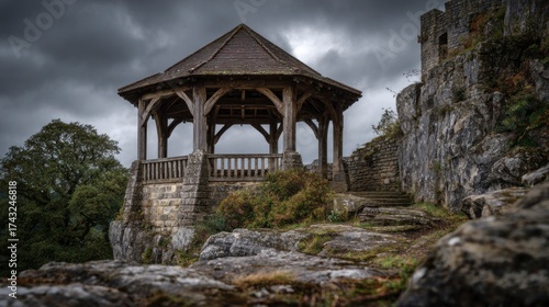 Wooden gazebo on rocky terrain