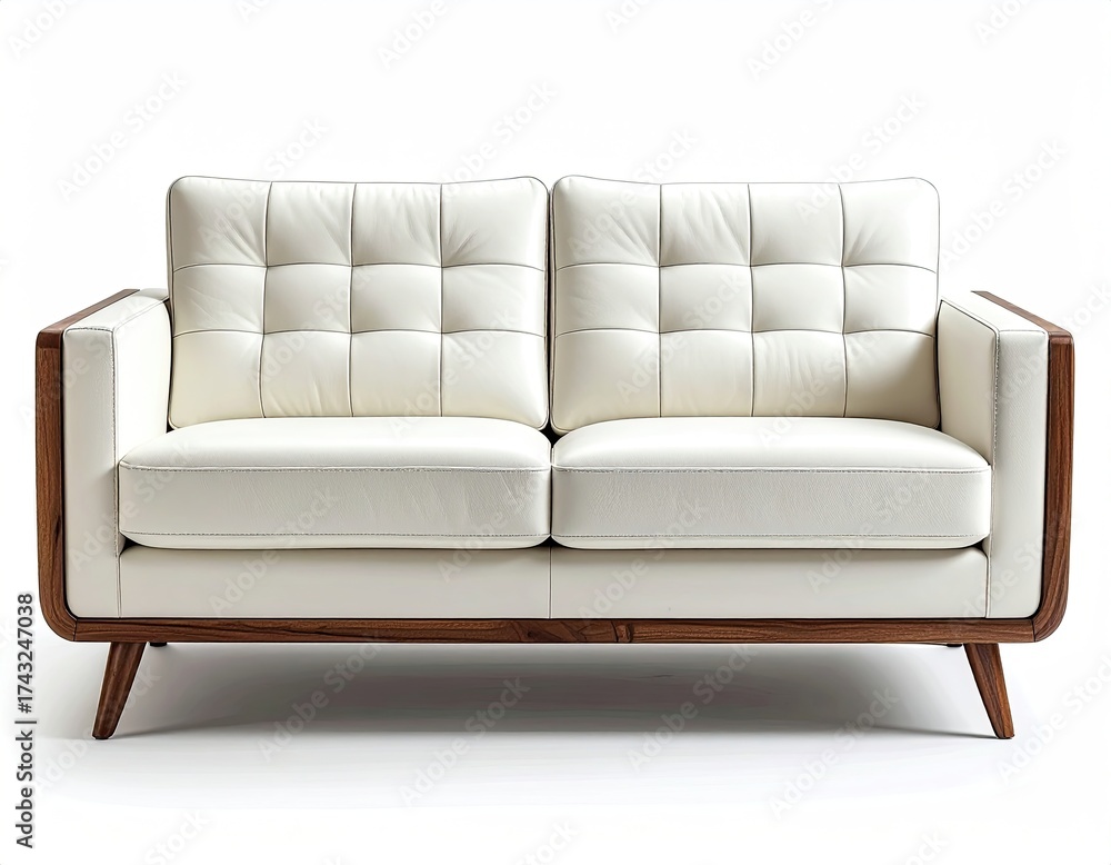 Obraz premium White quilted couch with wooden frame on clean white backdrop