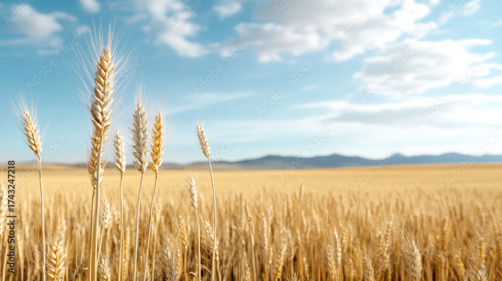 Naklejka premium Golden wheat field blue sky with clouds, showcasing nature beauty and agricultural abundance