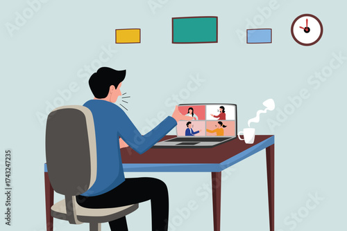 Work from home video conference meeting with team, office man working from home leading conference meeting with team on laptop computer.