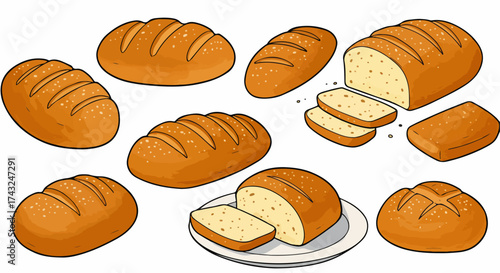 Fresh baked bread loafs and slices with transparent background