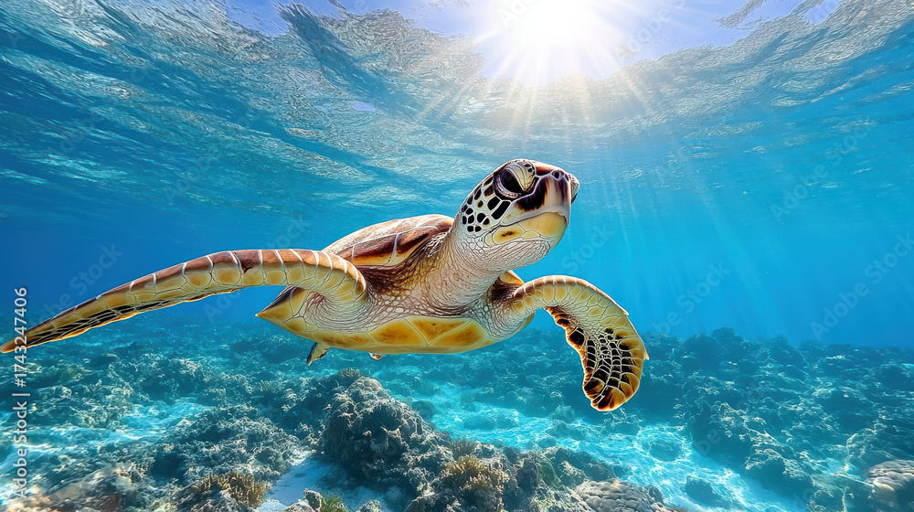 Obraz premium Turtle glides gracefully through clear ocean water, illuminated by sunlight